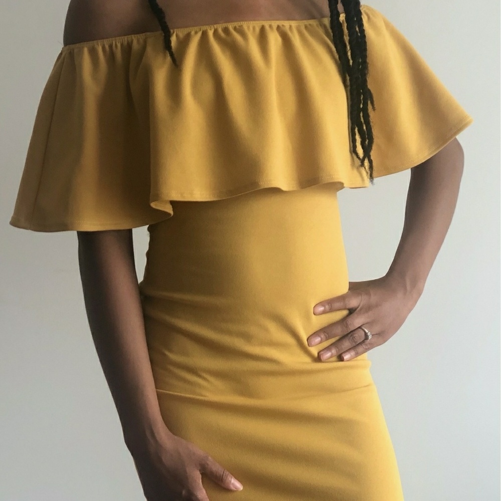 Off the shoulder mustard dress